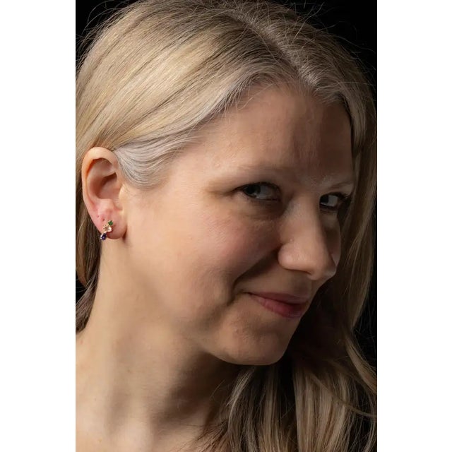 Contemporary Pair of 18k Gold, Triple Stone Stud Earrings--Emeralds, Rainbow Moonstone & Tanzanite For Sale - Image 3 of 4