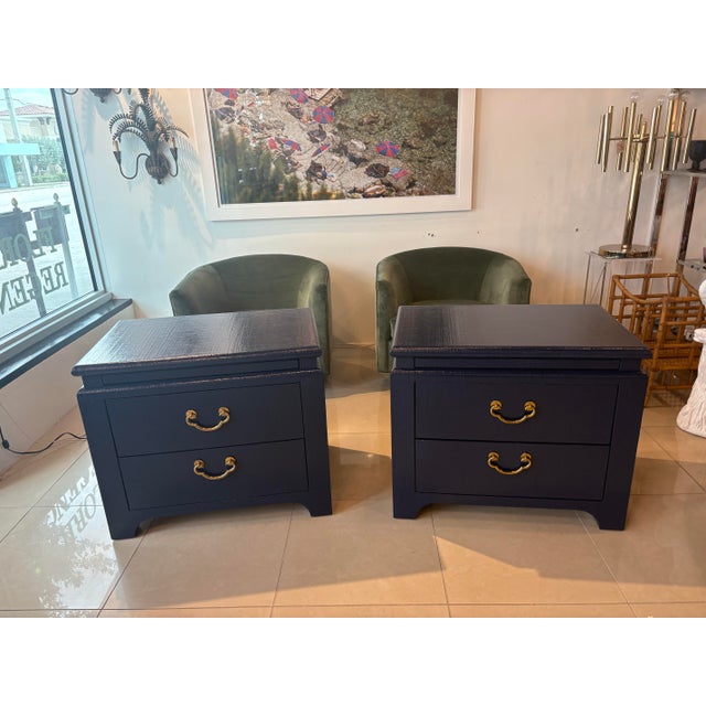 Lovely pair of vintage raffia grasscloth Harrison Van Horn nightstands night stands chests. These have been newly...