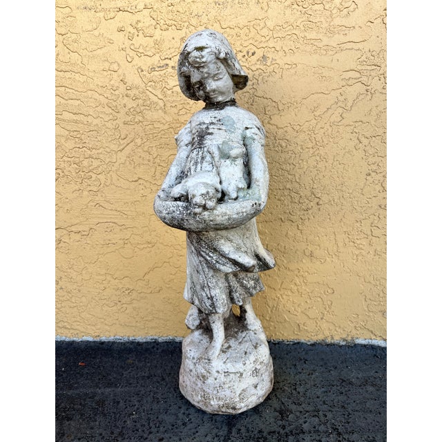 Vintage Concrete Garden Statue, Girl With Puppies in Basket For Sale In West Palm - Image 6 of 6