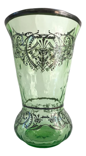 1930s Art Deco Boho Chic Sterling Silver Overlay Mint Green Optic Glass Vase