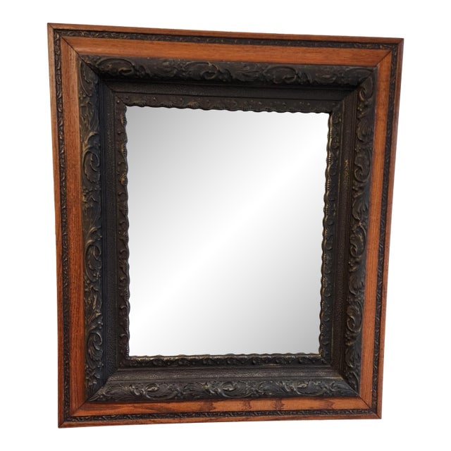 Decorative Eastlake Solid Oak and Patinated Bronze Work Double Frame Mirror, Circa 1890s For Sale