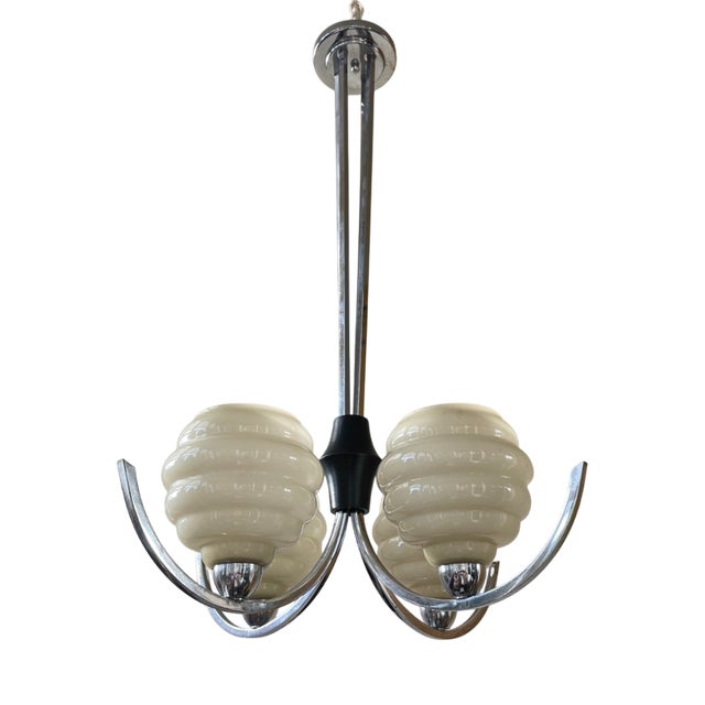 French Hanging Lamp with Yellow Cups & Chrome-Plating, 1930s For Sale