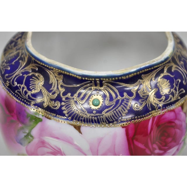 Early 20th Century Antique Nippon Hand Painted Moriage Pink Rose Porcelain Biscuit Jar Vase For Sale - Image 5 of 16