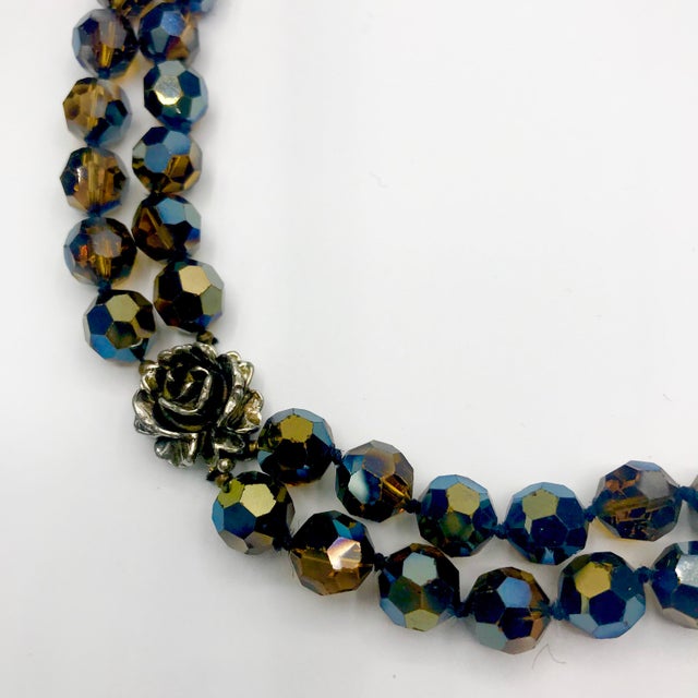 1950s 1950s Signed Vogue Chocolate Brown Aurora Borealis Double-Strand Necklace With Rose Clasp For Sale - Image 5 of 6
