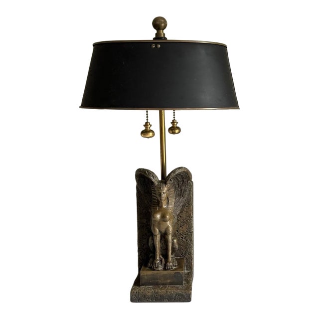 Vintage Egyptian Revival Griffin Sphinx Table Lamp With Black Metal Shade For Sale