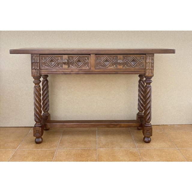 1930s Spanish Carved Console Table with Barley Twist Legs and Drawers, 1930s For Sale - Image 5 of 13