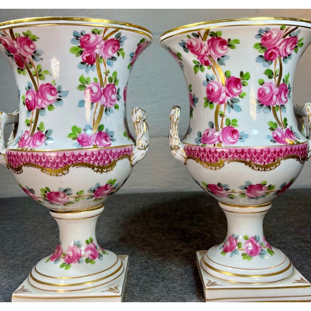 Victorian Antique Pair of Dresden Rose Porcelain Urns For Sale - Image 3 of 11