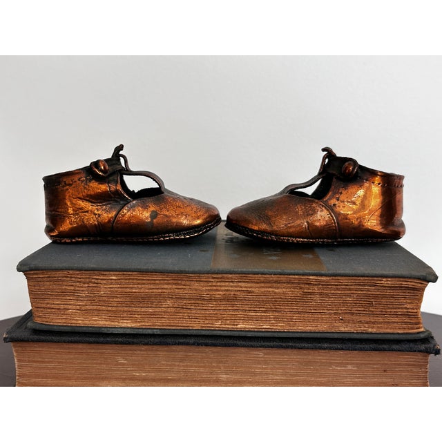 Traditional Vintage Pair Mid Century Modern Copper Plated Baby Shoes Nursery Decor For Sale - Image 3 of 14