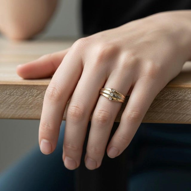 A sophisticated and iconic creation from the legendary House of Cartier. This three-tone 18k gold ring features three...