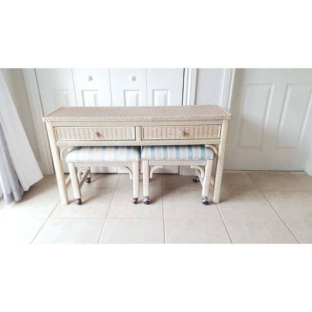 Henry Link Wicker Fretwork Console Table With Rattan Benches 3 Piece Set Chairish