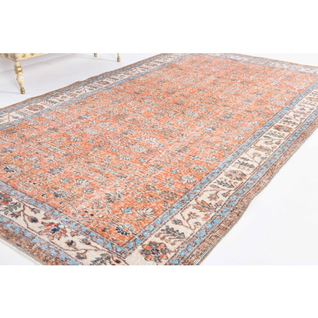 1970s Vintage Turkish Hand-Knotted Wool Cotton Orange Area Rug For Sale - Image 5 of 11