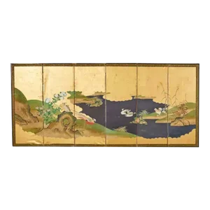 Japanese Meiji Six Panel Screen Kano School Bird Waterscape