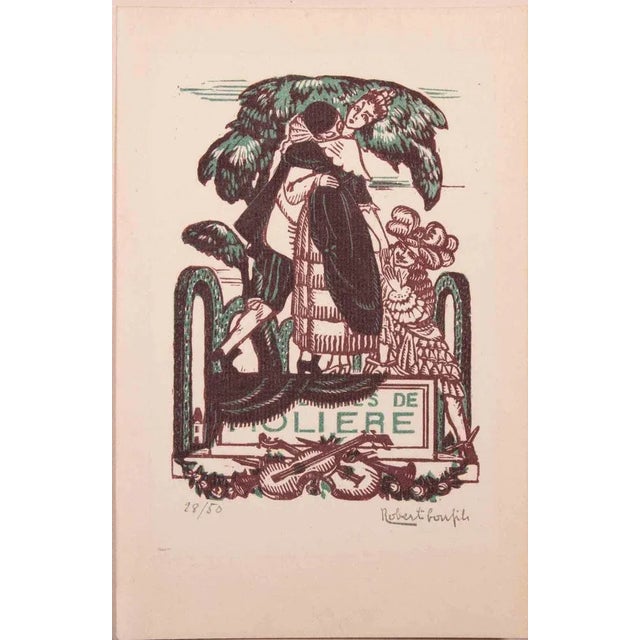 Mid-Century Modern Robert Bonfils, Amoureux de Molière, Woodcut Print, Mid 20th-Century For Sale - Image 3 of 3