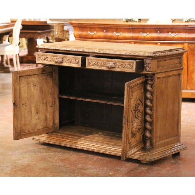 19th Century French Henri II Bleached Oak Buffet With Carved Harvest Motifs For Sale - Image 9 of 17