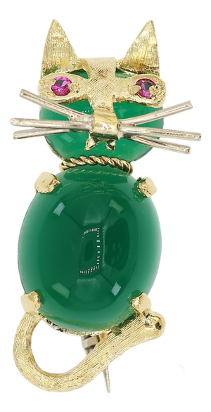Mid 20th Century 18k 750 Solid Yellow Gold Natural Ruby Eyes & Green Gemstones Cat Pin Brooch