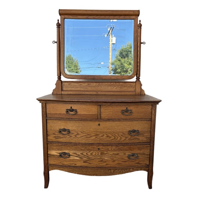 Antique American Tiger Oak Bow-Front Dresser With a Removable Beveled Swivel Mirror by A.H. Heilman & Company For Sale