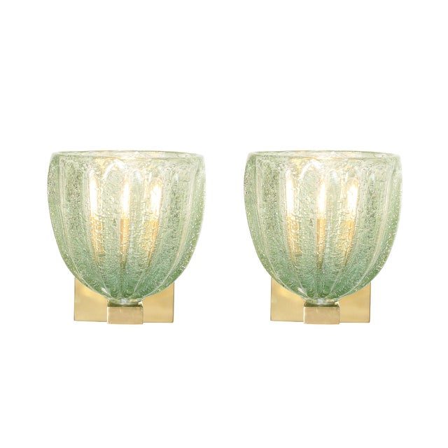 Modernist Hand-Blown Sea Green Fluted Pulegoso Murano Glass & Brass Sconces For Sale - Image 4 of 13