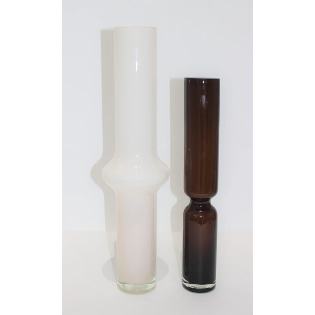 Mid-Century Modern Artisan Glass Vases White and Rootbeer Brown - a Set of 2 For Sale - Image 9 of 9