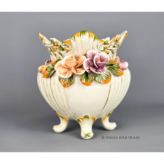 Ceramic Vintage Italian Ceramic Planter Cachepot With Hand Painted Flowers and Feet For Sale - Image 7 of 11