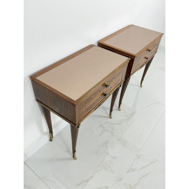 Vintage Italian Bedside Tables with Pink Glass Top and Brass Feet, 1950s, Set of 2 For Sale - Image 13 of 18