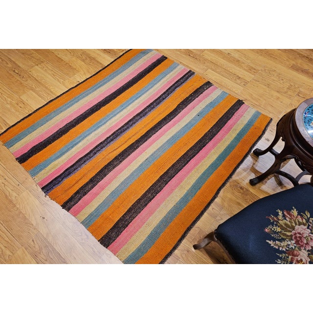 Vintage Turkish Sofreh Kilim, Flat-Woven Wool, Stripe Pattern, Yellow & Green, 5x5 For Sale - Image 11 of 11