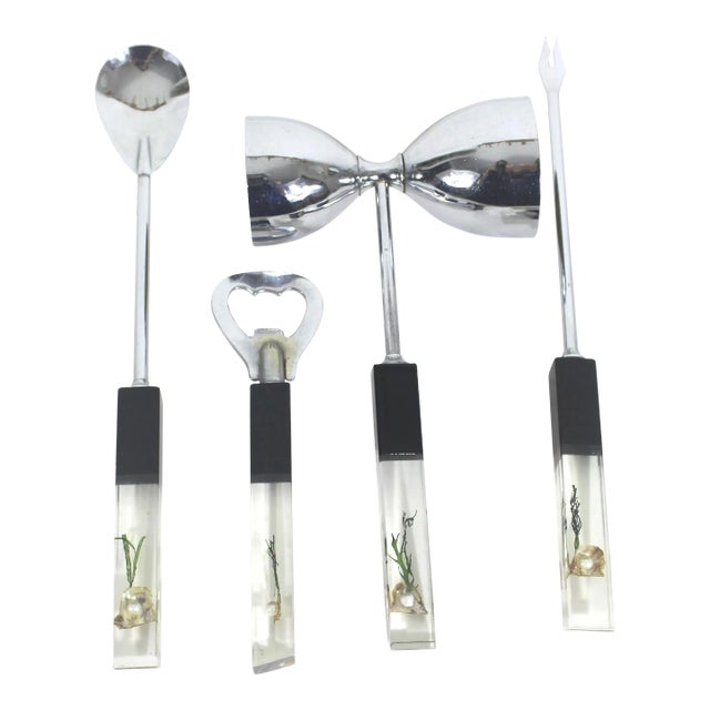 Mid Century Lucite & Steel Chrome Bar Tool Set With Pearls Seaweed and Shells - 4 Pieces For Sale