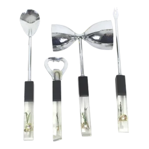 Mid Century Lucite & Steel Chrome Bar Tool Set With Pearls Seaweed and Shells - 4 Pieces