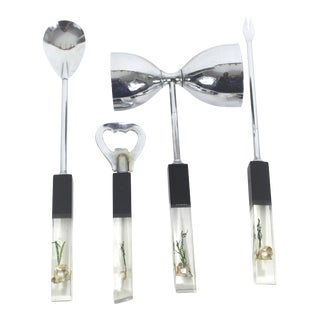 Mid Century Swank Lucite & Steel Chrome Bar Tool Set With Pearls Seaweed and Shells- 4 Pieces For Sale