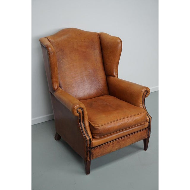 Industrial Vintage Dutch Cognac Wingback Leather Club Chair For Sale - Image 3 of 18