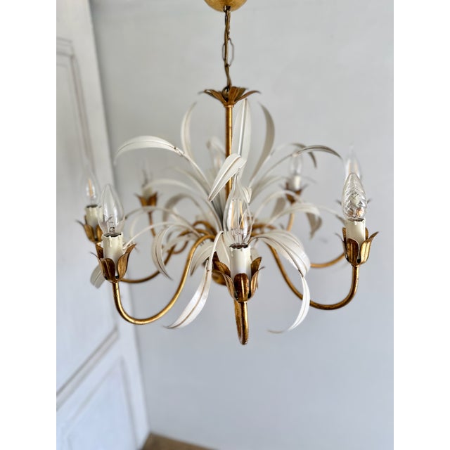 Metal Italian Masca White Tole and Gilt Metal 8-Light Chandelier, 1970s For Sale - Image 7 of 18