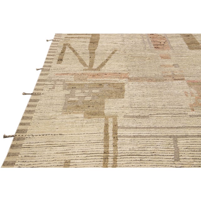Textile Modern Boho Chic Moroccan Style Handmade Abstract Beige Square Wool Rug For Sale - Image 7 of 10