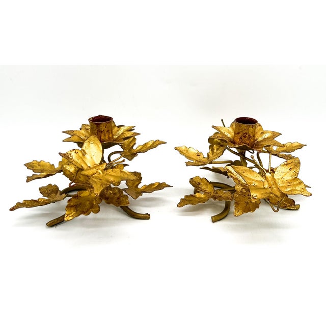Gold Vintage Italian Gold Gilt Tole Butterfly Candleholders, Pair, Hand-Formed Leaf & Vine Candlesticks - Hollywood Regency For Sale - Image 8 of 12