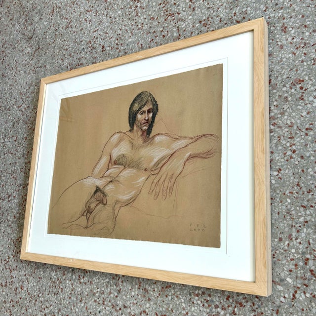 Late 20th Century Vintage Boho Drawing of Reclined Man For Sale - Image 5 of 6