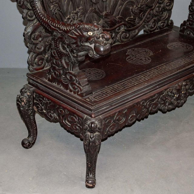 Wood Early 20th Century Heavily Carved Antique Japanese Dragon & Iris Settee For Sale - Image 7 of 9