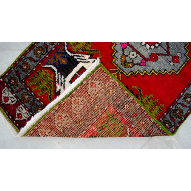 Red 1970s Hand Knotted Turkish Small Rug Decorative Mat for Bathroom - Kitchen and Entryway - 20'' X 39'' For Sale - Image 8 of 14