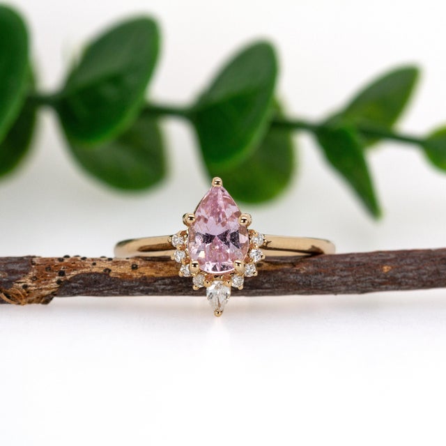 Art Deco 1ct Ceylon Pink Sapphire Ring W Diamond Accents in Solid 14k Gold | Pe 8x5.4mm, Size 6.75 For Sale - Image 3 of 7