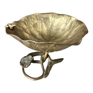 Vintage Brass Lily Pad Pedestal Bowl With Frog Accent For Sale