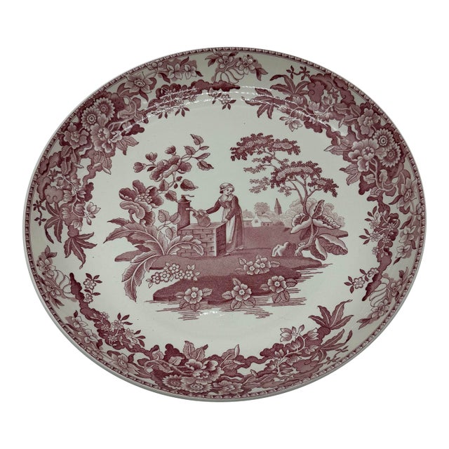 A Vintage Spode Red Transferware "Girl at the Well" 12" Pasta Bowl, Circa 1960's For Sale