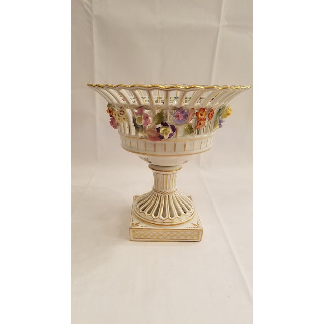 Dresden Porcelain Compote With Applied Flowers and Pierced Bowl 7.75 Inches Tall Chairish