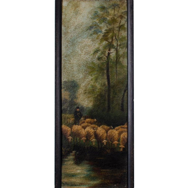 A pastoral landscape on board depicting a shepherd and his flock signed E.M. Wall, 1917. 10 by 25 ½ inches