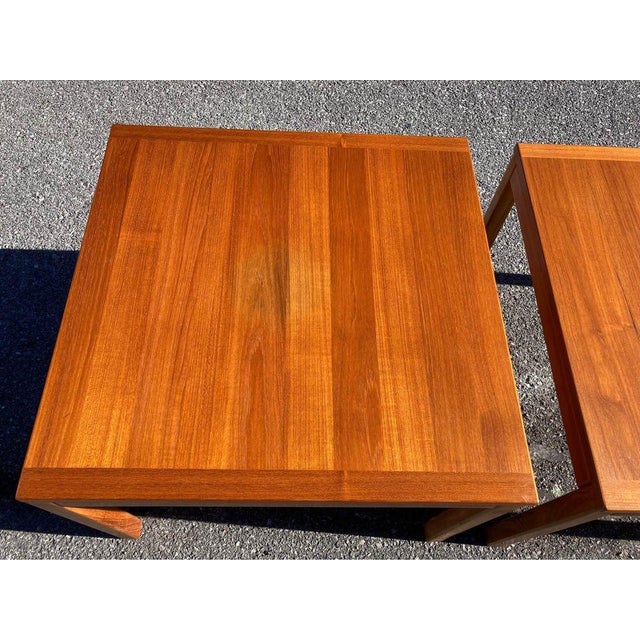 For sale is a gorgeous pair of teak Danish Modern end tables by Vejle Stole Mobelfabrik. These lovely tables measure...