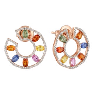 Natural 18k Gold Diamond 1.50ct Multi Sapphire Stud Earrings For Sale