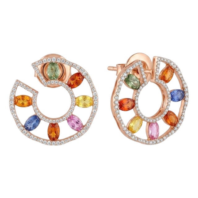 Natural 18k Gold Diamond 1.50ct Multi Sapphire Stud Earrings For Sale