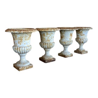 Suite of Four Diminutive French Blue Painted Cast Iron Medici Vases, 19th C. For Sale