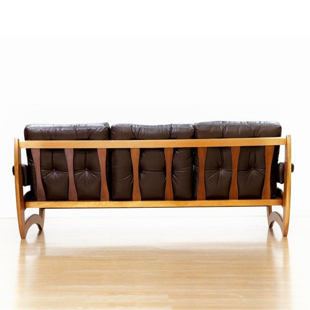 1970s Brown Leather Sofa Teak Sculptural Form For Sale - Image 4 of 15