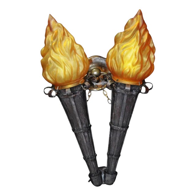 Victorian Gothic Twin Torchère Wall Light with Opaline Flame Shades, 1850s For Sale