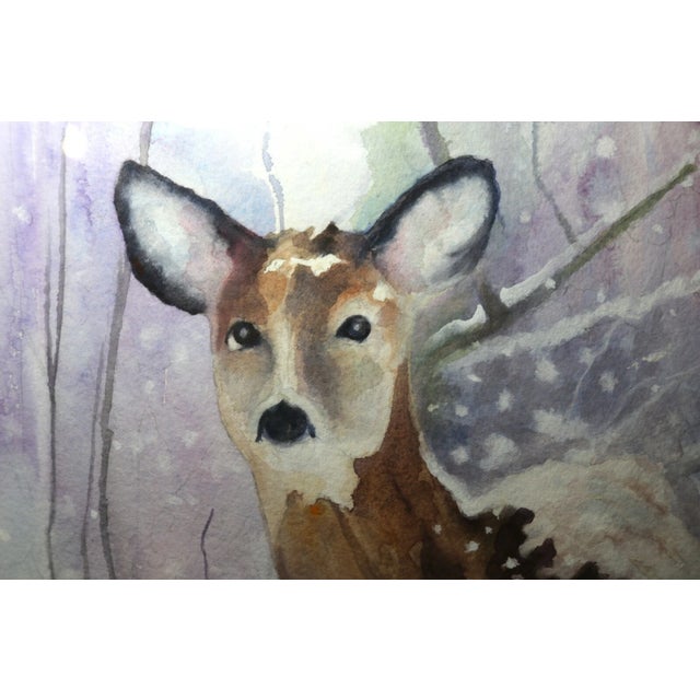 Purple Original 2018 Jill Y. Crouch Deer in Snow Animal Figural Watercolor Painting Art For Sale - Image 8 of 12