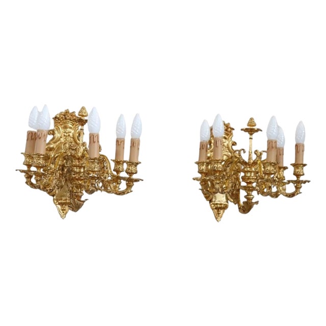 Sconces in Gilded Bronze with Five Bulbs Each, Set of 2 For Sale