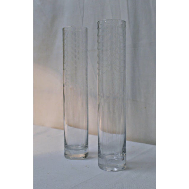 Transparent Etched Clear Glass Bud Vase - A Pair For Sale - Image 8 of 12