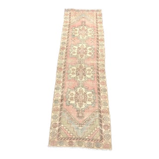 Vintage Bohemian Turkish Distressed Red and Beige Runner Rug For Sale